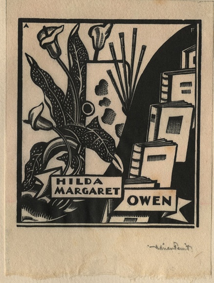 Artist: b'FEINT, Adrian' | Title: b'Bookplate: Hilda Margaret Owen.' | Date: (1932) | Technique: b'wood-engraving, printed in black ink, from one block' | Copyright: b'Courtesy the Estate of Adrian Feint'