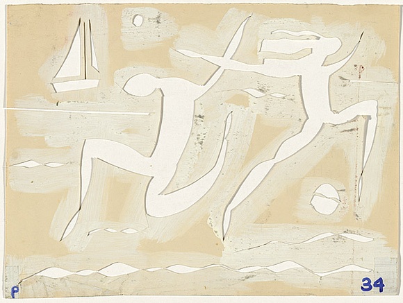 Artist: b'Blackman, Charles.' | Title: b'Stencil for not titled (dancing figures and boat).' | Date: c.1952 | Technique: b'hand cut paper stencil'