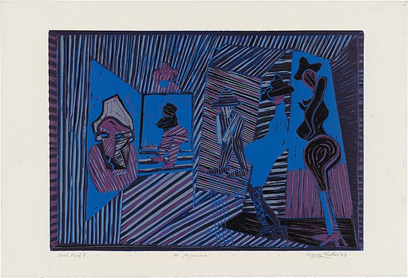 Artist: b'WALKER, Murray' | Title: b'The performers.' | Date: 1967 | Technique: b'linocut, printed in colour, from multiple blocks'