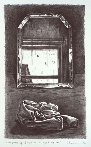 Artist: b'Thomas, David.' | Title: b'Sparrow winged visitor' | Date: 1986 | Technique: b'lithograph, printed in black ink, from one stone'