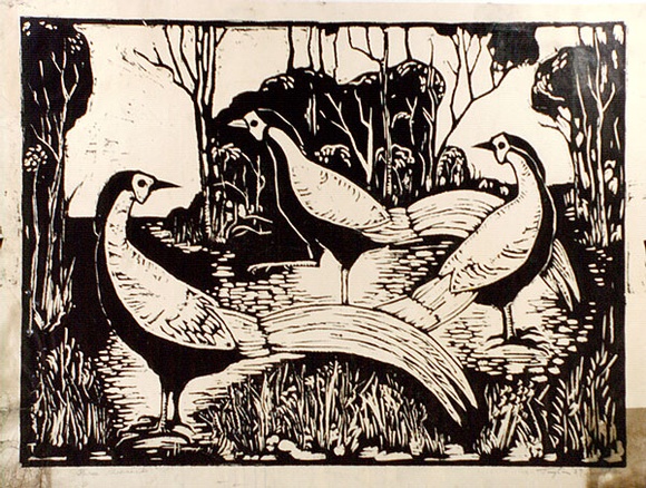 Artist: b'Taylor, John H.' | Title: b'Three pheasants' | Date: 1967 | Technique: b'linocut, printed in black ink, from one block'