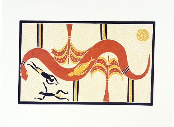 Artist: b'Marika, Banduk.' | Title: b'Wawulak Wulay ga Wititji' | Date: 1987 | Technique: b'linocut, printed in colour, from four blocks'