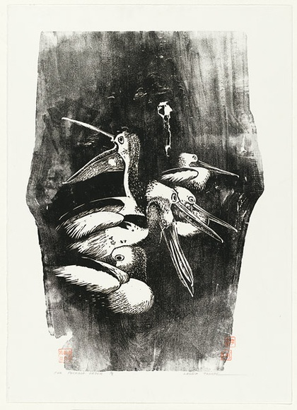 Artist: b'Thorpe, Lesbia.' | Title: b'The pecking order' | Date: 1983 | Technique: b'woodcut, printed in black ink, from one block'