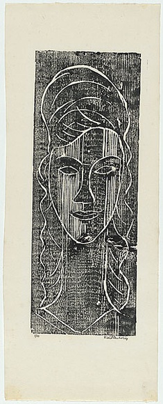 Artist: b'Duldig, Karl.' | Title: b(Woman's head). | Date: c.1963 | Technique: b'woodcut, printed in black ink, from one block' | Copyright: b'\xc2\xa9 The Duldig Studio (Melbourne)'