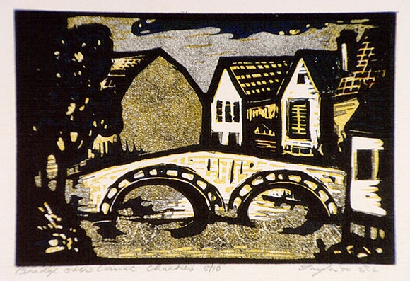 Artist: Taylor, John H. | Title: Bridge over canal, Chartres | Date: 1974 | Technique: linocut, printed in colour, from four blocks