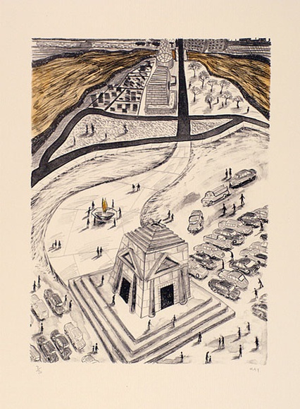 Artist: b'Hay, Bill.' | Title: b'The Shrine' | Date: 1989, June-August | Technique: b'lithograph, printed in black ink, from one plate; hand-coloured'