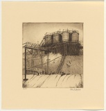 Artist: b'Rawling, Charles W.' | Title: b'The tanks, Broken Hill Proprietary Mine' | Date: 1925 | Technique: b'etching, printed in brown ink with plate-tone, from one plate'