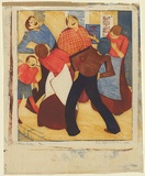 Artist: b'Spowers, Ethel.' | Title: b'The joke.' | Date: 1932 | Technique: b'linocut, printed in colour, from four blocks (cobalt blue, yellow ochre, red, brown ink)'