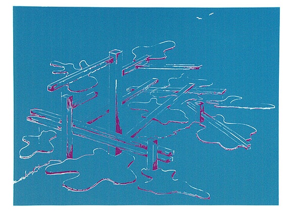 Artist: b'COLEING, Tony' | Title: b'Idea for to do with blue sculpture\' [2].' | Date: 1975 | Technique: b'screenprint, printed in colour, from multiple stencils'