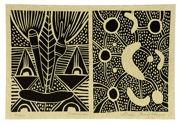 Artist: b'TUNGUTALUM, Bede' | Title: b'Purrukupali' | Date: 1988 | Technique: b'linocut, printed in black ink, from one block'