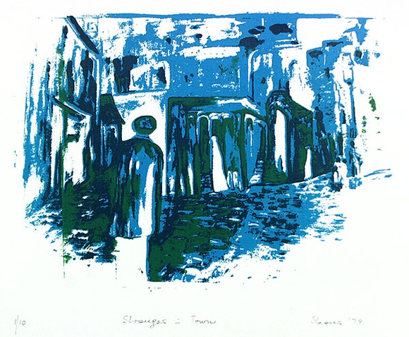 Artist: b'SHEARER, Mitzi' | Title: b'Stranger in town' | Date: 1979 | Technique: b'linocut, printed in colour, from three blocks'