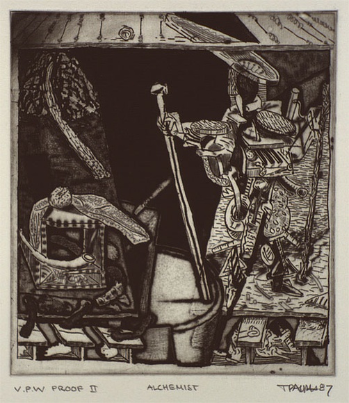 Artist: b'Ralph, Timothy' | Title: b'Alchemist' | Date: 1987 | Technique: b'etching and aquatint, printed in black ink with plate-tone, from one plate' | Copyright: b'\xc2\xa9 Timothy Ralph. Licensed by VISCOPY, Australia'