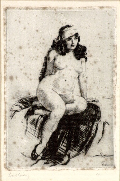 Artist: b'LINDSAY, Lionel' | Title: b'Nudewith scarf' | Date: 1908-09 | Technique: b'drypoint, printed in black ink with plate-tone, from one plate' | Copyright: b'Courtesy of the National Library of Australia'