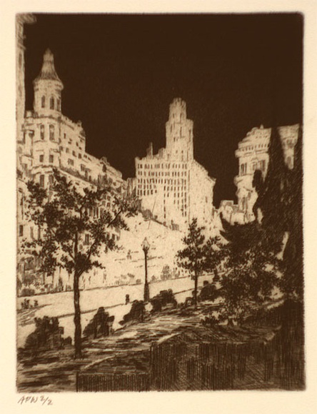 Artist: Stockfeld, R.H. | Title: Swanston street, floodlit | Date: c.1935 | Technique: etching and aquatint, printed in black ink, from one plate
