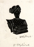 Artist: OGILVIE, Helen | Title: not titled [Bust of woman holding and reading library list, and three books]. | Date: c.1942 | Technique: wood-engraving, printed in black ink, from one block