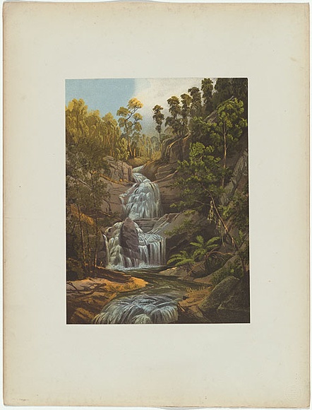 Artist: b'Chevalier, Nicholas.' | Title: b'Serpentine Creek Falls' | Date: 1865 | Technique: b'lithograph, printed in colour, from multiple stones'