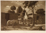 Artist: b'LINDSAY, Lionel' | Title: b'Sunday' | Date: 1950s | Technique: b'mezzotint and etching, printed in brown ink, from one plate' | Copyright: b'Courtesy of the National Library of Australia'