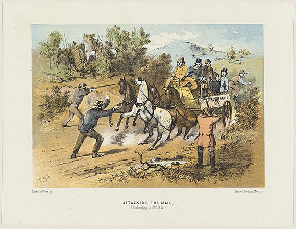 Title: b'Attacking the mail.' | Date: 1865 | Technique: b'lithograph, printed in colour, from multiple stones'