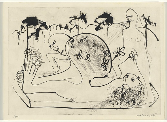 Artist: b'BOYD, Arthur' | Title: b'Sleeping potter with tree decoration.' | Date: (1968-69) | Technique: b'etching and aquatint, printed in black ink, from one plate' | Copyright: b'Reproduced with permission of Bundanon Trust'