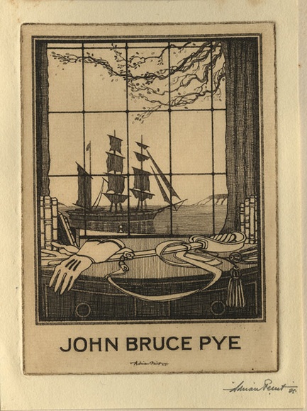 Artist: b'FEINT, Adrian' | Title: b'Bookplate: John Bruce Pye.' | Date: 1925 | Technique: b'etching, printed in brown ink with plate-tone, from one plate' | Copyright: b'Courtesy the Estate of Adrian Feint'