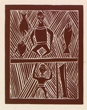 Artist: Manydjarri, Wilson. | Title: not titled [Gathering food]. | Date: 1971 | Technique: linocut, printed in red-brown ink, from one block