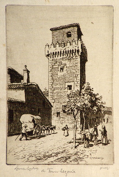 Artist: b'LINDSAY, Lionel' | Title: b'A tower, Segovia' | Date: c.1942 | Technique: b'etching, printed in brown ink with plate-tone, from one plate' | Copyright: b'Courtesy of the National Library of Australia'