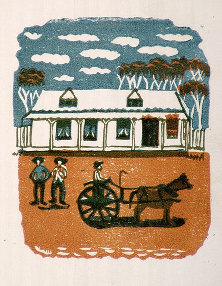 Artist: b'OGILVIE, Helen' | Title: b'Greeting card: The Village Belle Hotel' | Technique: b'linocut, printed in colour, from multiple blocks'