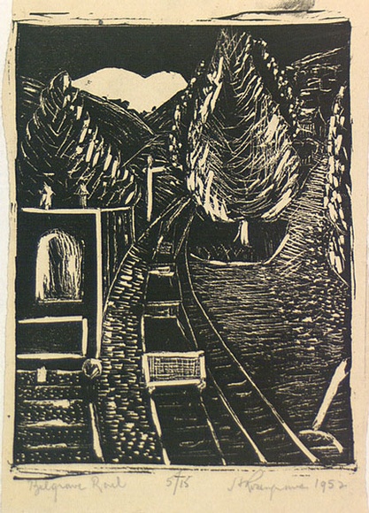 Artist: b'ROSENGRAVE, Harry' | Title: b'Belgrave rail [1].' | Date: 1953 | Technique: b'linocut, printed in black ink, from one block'