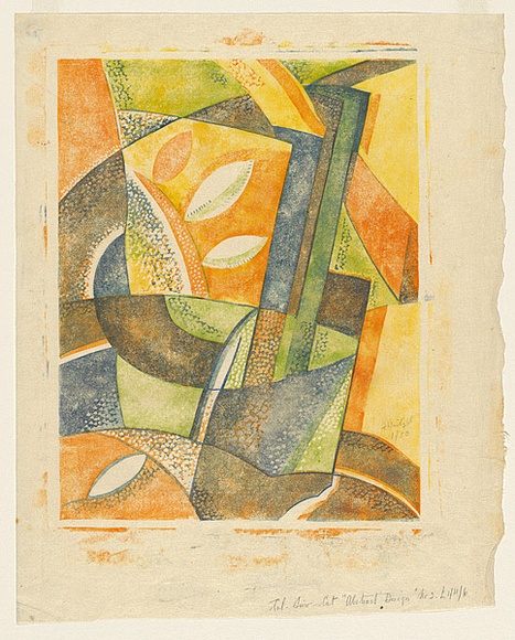 Artist: b'Weitzel, Frank.' | Title: b'Abstract design no.2' | Date: c.1932 | Technique: b'linocut, printed in colour, from four blocks (yellow, orange, light green, and blue ink)'