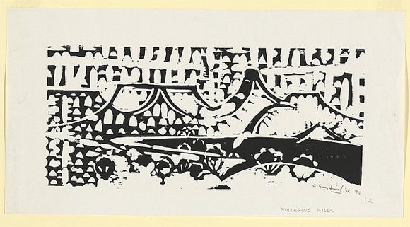 Artist: b'Grey-Smith, Guy' | Title: b'Nullagine Hills' | Date: 1975 | Technique: b'woodcut, printed in black ink, from one block'