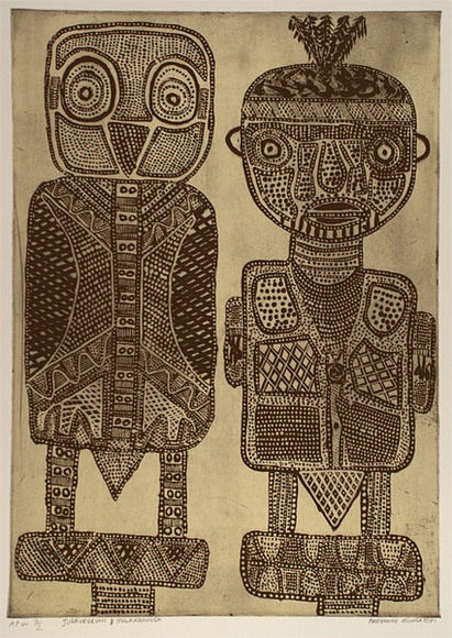 Artist: b'MUNGATOPI, Maryanne' | Title: b'Jurrukukuni and Malakaninga' | Date: 1999, February | Technique: b'etching, printed in black ink, from one plate'