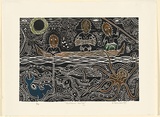 Artist: b'Robinson, Brian.' | Title: b'Traditional hunting' | Date: 1993 | Technique: b'linocut, printed in black ink, from one block; hand coloured'