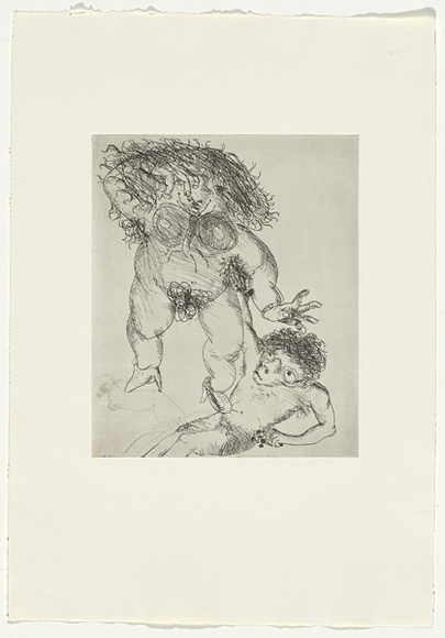 Artist: b'BOYD, Arthur' | Title: b'(Figure with glasses supporting a harlot) [variant III].' | Date: 1970 | Technique: b'etching, printed in black ink, from one plate' | Copyright: b'Reproduced with permission of Bundanon Trust'