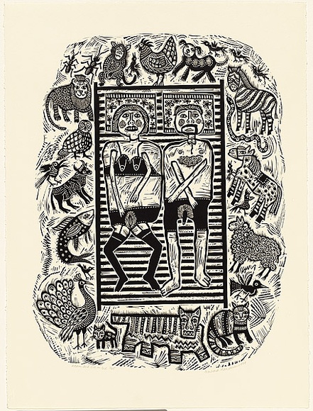 Artist: b'HANRAHAN, Barbara' | Title: b'Adam and Eve in bed' | Date: 1989 | Technique: b'linocut, printed in black ink, from one block'