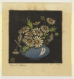 Artist: b'Mahood, Marguerite' | Title: b'Marguerite daisies' | Date: 1926 | Technique: b'linocut, printed in black ink, from one block, hand-coloured'