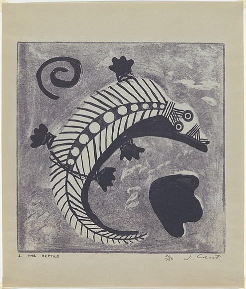 Artist: b'Cant, James.' | Title: b'The reptile.' | Date: 1948 | Technique: b'cliche-verre, printed in blue pigment, from one paper plate'