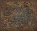 Artist: BOYD, Arthur | Title: Plate 10: Potter with child and gramophone [recto]; Nebuchadnezzar with dancing figure and satellite [verso]. | Date: (1968-69) | Technique: etched plate | Copyright: This work appears on screen courtesy of Bundanon Trust