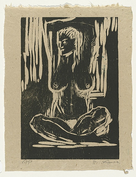 Artist: b'AMOR, Rick' | Title: b'Not titled (seated nude).' | Date: 1991 | Technique: b'woodcut, printed in dark olive green ink, from one block'