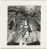 Artist: b'Thorpe, Lesbia.' | Title: b'Chinese mountain village' | Date: 1989 | Technique: b'linocut, printed in black ink, from one block'