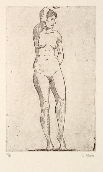 Artist: b'Adams, Stephen.' | Title: b'not titled [standing female nude]' | Date: 1990,  June | Technique: b'etching, printed in black ink, from one plate'