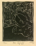 Artist: Nguyen, Tuyet Bach. | Title: Dan Nguyet [4 strings lute] | Date: 1990 | Technique: linocut, printed in black ink, from one block