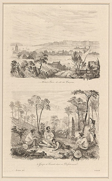 Title: b'Hobart-Town, du c\xc3\xb4t\xc3\xa9 des casernes and Groupe de convicts dans un d\xc3\xa9frichement [Hobart-Town, towards the barracks and Group of convicts in a clearing]' | Date: 1835 | Technique: b'engraving, printed in black ink, from one steel plate'