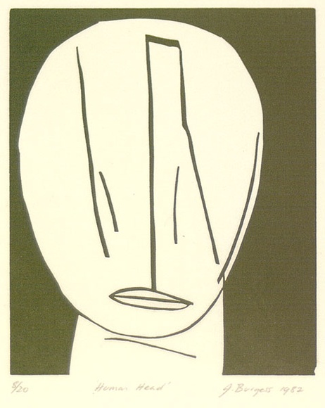 Artist: b'Burgess, Jeff.' | Title: b'Human head.' | Date: 1982 | Technique: b'linocut, printed in green ink, from one block'