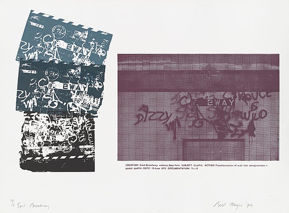 Artist: b'MEYER, Bill' | Title: b'East Broadway' | Date: 1974 | Technique: b'screenprint, printed in colour, from four screens (direct hand cut, indirect photo)' | Copyright: b'\xc2\xa9 Bill Meyer'