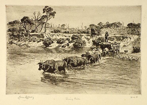 Artist: b'LINDSAY, Lionel' | Title: b'Snowy River' | Date: 1923 | Technique: b'etching and foul biting, printed in brown ink, from one plate' | Copyright: b'Courtesy of the National Library of Australia'