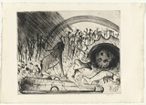 Artist: b'BOYD, Arthur' | Title: b'Lions with bone in wooded landscape (The last of St Jerome).' | Date: (1968-69) | Technique: b'etching and drypoint, printed in black ink, from one plate' | Copyright: b'Reproduced with permission of Bundanon Trust'