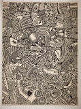 Artist: b'Wungi, Cecil King.' | Title: b'not titled [composition with warrior, spears, fish and cuscus]' | Date: c.1980 | Technique: b'photo-screenprint, printed black ink, from one stencil'