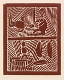 Artist: b'Manydjarri, Wilson.' | Title: b'Wedi and Budok' | Date: 1971 | Technique: b'linocut, printed in red-brown ink, from one block'