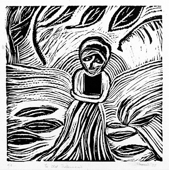 Artist: b'SHEARER, Mitzi' | Title: b'The Old Testament' | Date: 1977 | Technique: b'linocut, printed in black ink, from one block'