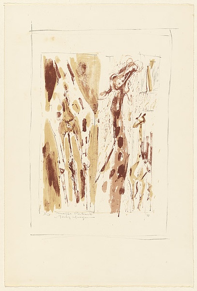 Artist: b'MACQUEEN, Mary' | Title: b'Giraffe portrait' | Date: 1978 | Technique: b'lithograph, printed in colour, from multiple plates' | Copyright: b'Courtesy Paulette Calhoun, for the estate of Mary Macqueen'